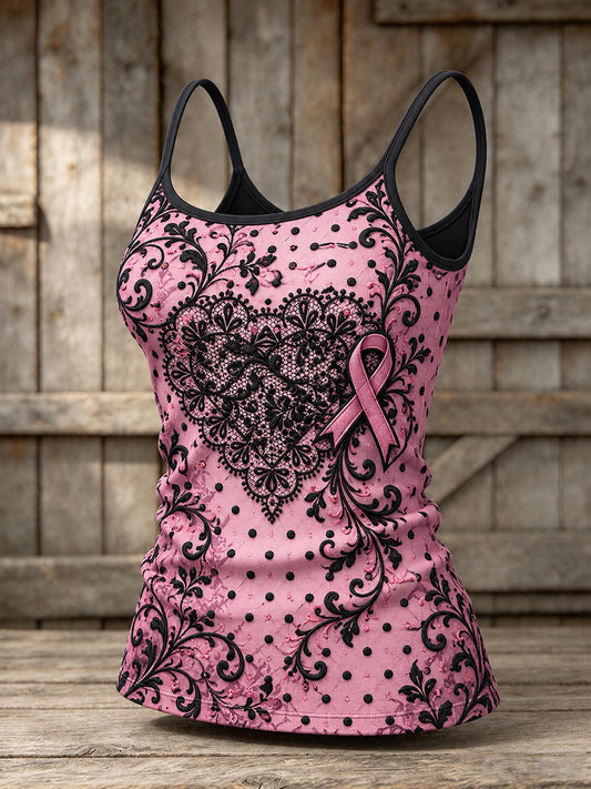 Women's Pink Ribbon Gothic Floral Lace Print Casual Vest