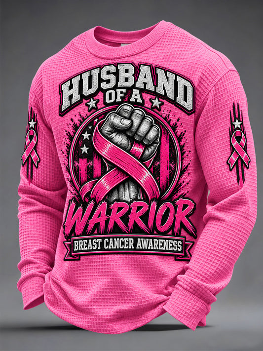 Men's Husband of a Warrior Cancer Print Waffle Long Sleeve Top