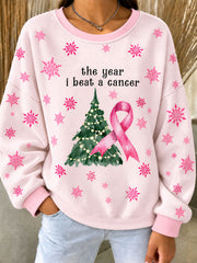 Women's Breast Cancer Awareness Christmas Tree Ribbed Round-Neck Sweatshirt
