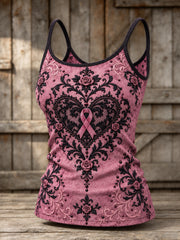 Women's Pink Ribbon Gothic Floral Lace Print Casual Vest