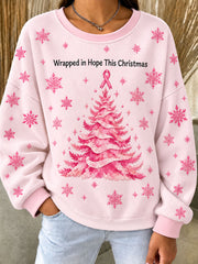 Women's Breast Cancer Awareness Christmas Tree Ribbed Round-Neck Sweatshirt