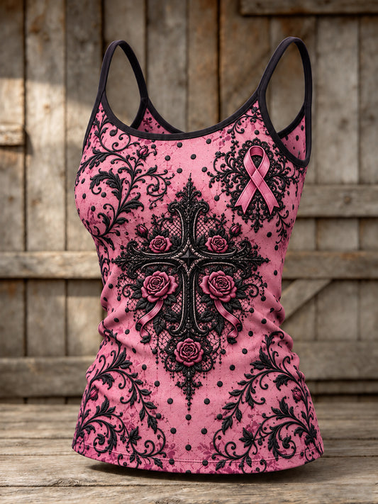 Women's Pink Ribbon Gothic Floral Lace Cross Print Casual Vest