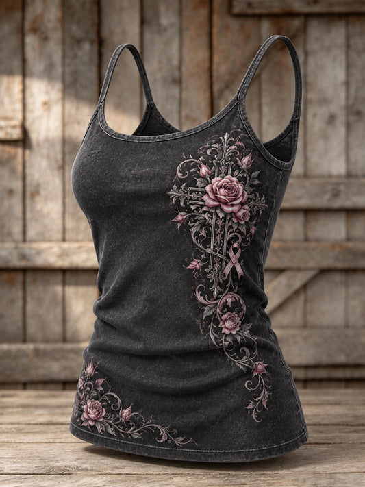 Women's Pink Ribbon Gothic Floral Cross Print Casual Vest