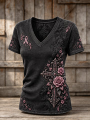 Women's Corss and Pink Charity Ribbon Pattern Design Casual Short-sleeved T-shirt