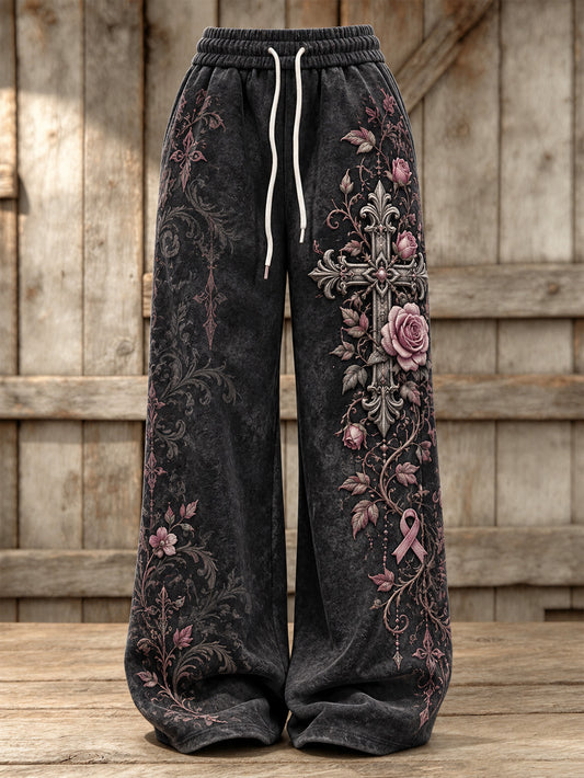 Women's Corss and Pink Charity Ribbon Pattern Design Casual Sweatpants