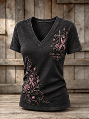 Women's Pink Ribbon Gothic Floral Cross Print Short-sleeved T-shirt
