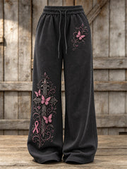 Women's Vintage Gothic Cross & Pink Ribbon Butterflies Print Wide Leg Sweatpants