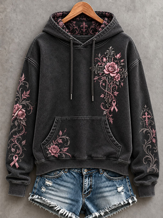Women's Vintage Floral Pink Ribbon Gothic Cross Print Hoodie