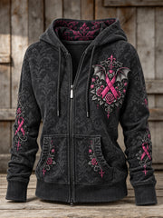 Women's Gothic Bat & Pink Ribbon Roses Floral Print Zip-Up Hoodie