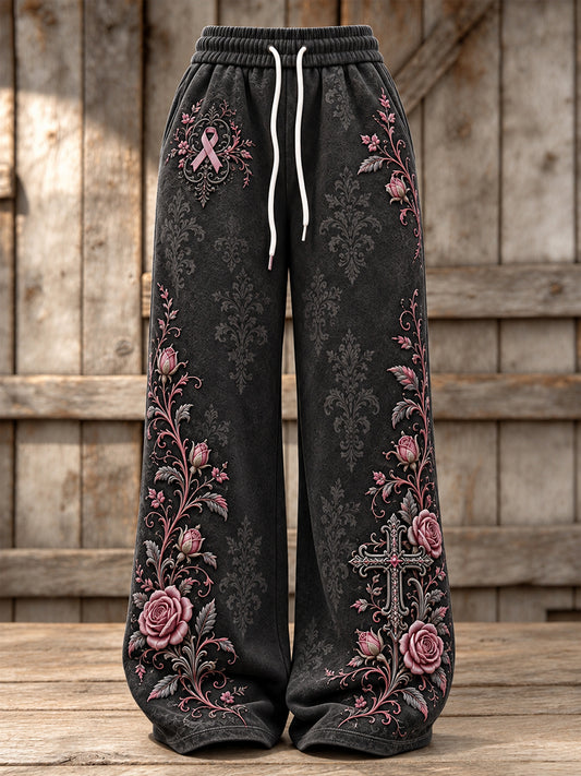 Women's Gothic Cross & Pink Ribbon Roses Floral Print Wide Leg Sweatpants