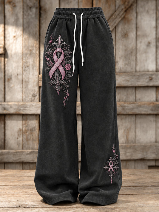Women's Gothic Cross & Pink Ribbon Roses Floral Print Wide Leg Sweatpants