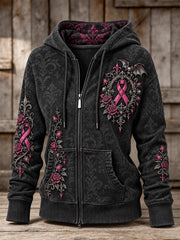 Women's Gothic Bat & Pink Ribbon Roses Floral Print Zip-Up Hoodie