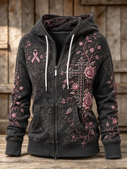 Women's Gothic Floral Pink Ribbon Print Casual Zip-Up Hoodie