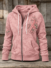 Women's Vintage Lace Pink Ribbon Floral Print Zip-Up Hoodie