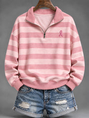 Women's Pink Striped and Pink Charity Ribbon Pattern Casual Half-Zip Sweatshirt