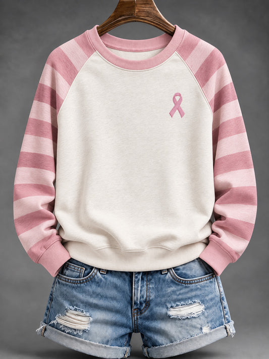 Women's Pink Striped and Pink Charity Ribbon Pattern Casual Raglan Sleeve Sweatshirt