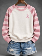 Women's Pink Striped and Pink Charity Ribbon Pattern Casual Raglan Sleeve Sweatshirt