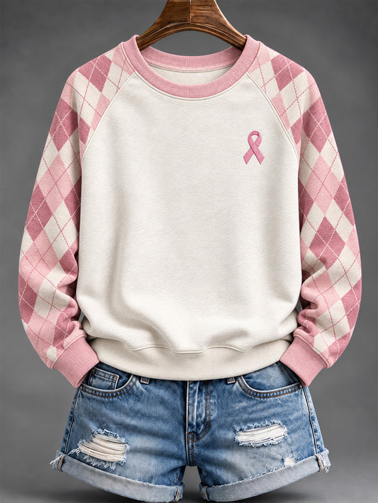 Women's Pink Checkered and Pink Charity Ribbon Pattern Casual Raglan Sleeve Sweatshirt