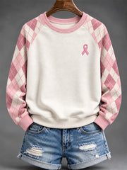 Women's Pink Checkered and Pink Charity Ribbon Pattern Casual Raglan Sleeve Sweatshirt