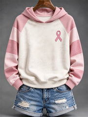 Women's Pink Striped and Pink Charity Ribbon Pattern Casual Hoodie