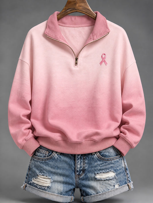 Women's Pink Charity Ribbon Pattern Gradient Design Casual Half-Zip Sweatshirt