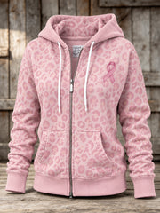 Women's Pink Charity Ribbon Pattern Leopard Print Design Casual Zip-Up Hoodie