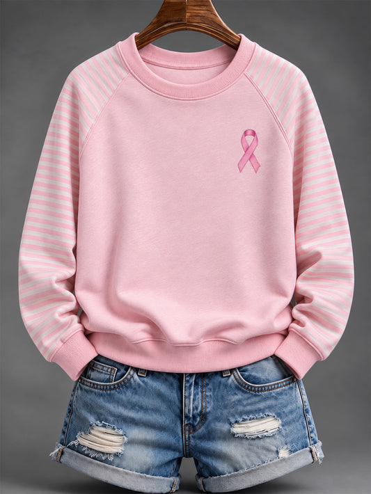 Women's Pink Charity Ribbon Pattern Striped Print Design Casual Sweatshirt