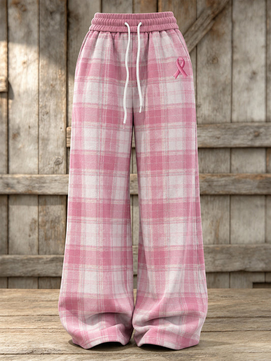 Women's Pink Charity Ribbon Pattern Check Design Casual Sweatpants