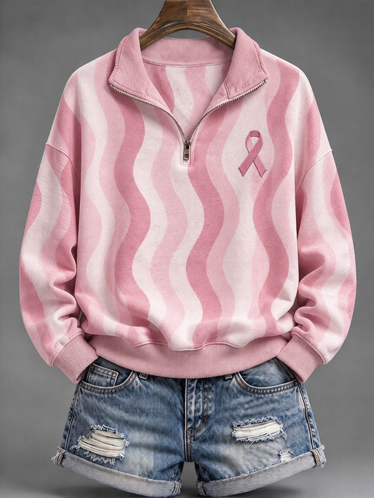 Women's pink charity ribbon pattern wavy stripe design casual weatshirt