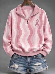 Women's pink charity ribbon pattern wavy stripe design casual weatshirt
