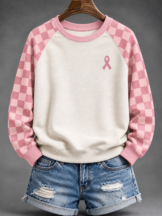 Women's Pink Checkered and Pink Charity Ribbon Pattern Casual Raglan Sleeve Sweatshirt