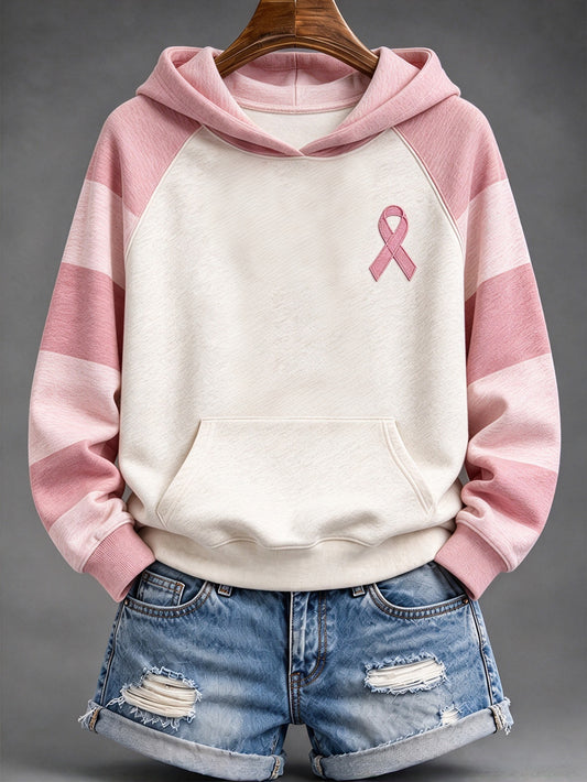 Women's Pink Striped and Pink Charity Ribbon Pattern Casual Hoodie