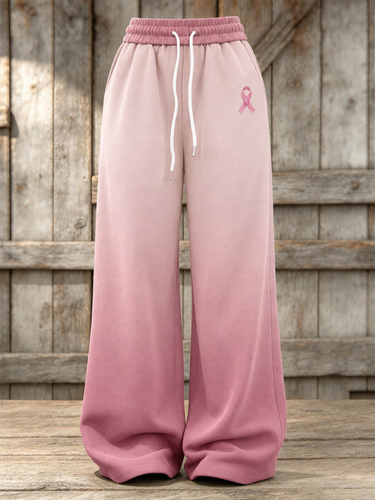 Women's Pink Charity Ribbon Pattern Gradient Design Casual Sweatpants