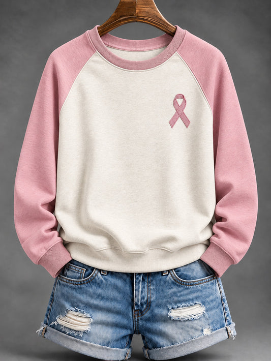 Women's Pink Charity Ribbon Pattern Casual Raglan Sleeve Sweatshirt
