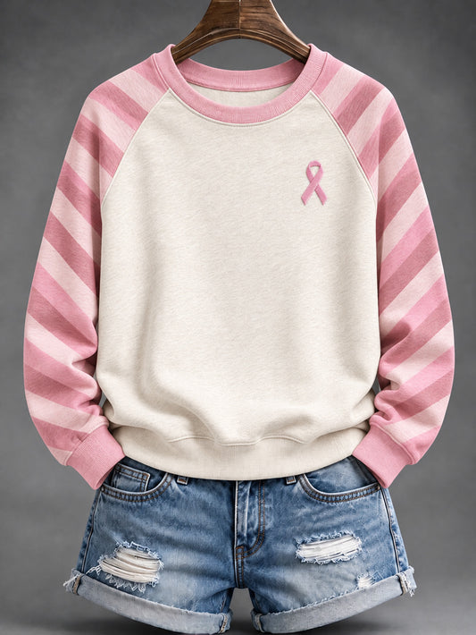 Women's Pink Striped and Pink Charity Ribbon Pattern Casual Raglan Sleeve Sweatshirt