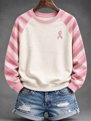 Women's Pink Striped and Pink Charity Ribbon Pattern Casual Raglan Sleeve Sweatshirt