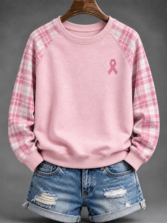 Women's Pink Charity Ribbon Pattern, Checkered Design Casual Sweatshirt