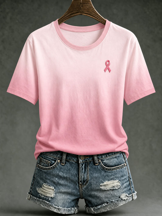 Women's Pink Charity Ribbon Pattern Gradient Design Casual Short-sleeved T-shirt