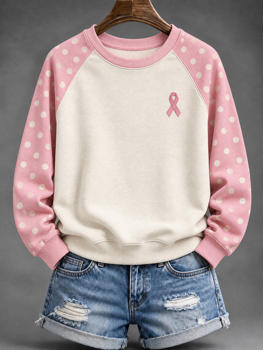 Women's Polka Dot and Pink Charity Ribbon Pattern Casual Raglan Sleeve Sweatshirt