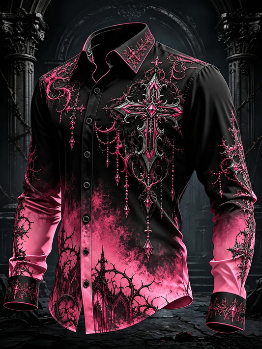 Men's Gothic Black Pink Gradient Art Long Sleeve Button Down Shirt