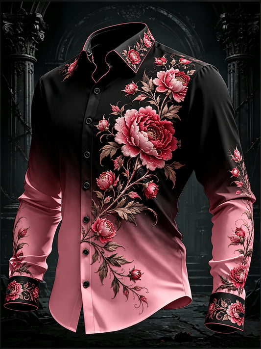 Men's Gothic Black Pink Gradient Art Long Sleeve Button Down Shirt