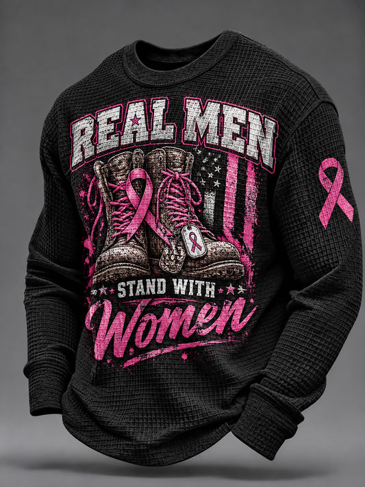 Men's Real Men Wear Pink Breast Cancer Awareness Waffle Sweatshirt